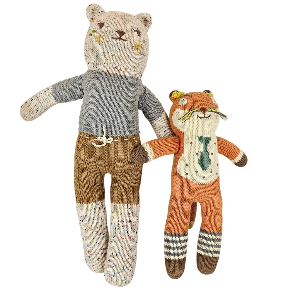 Blabla Knit Plush Cat & Fox Doll Stuffed Animal Lot Handmade Peru 18” 13”